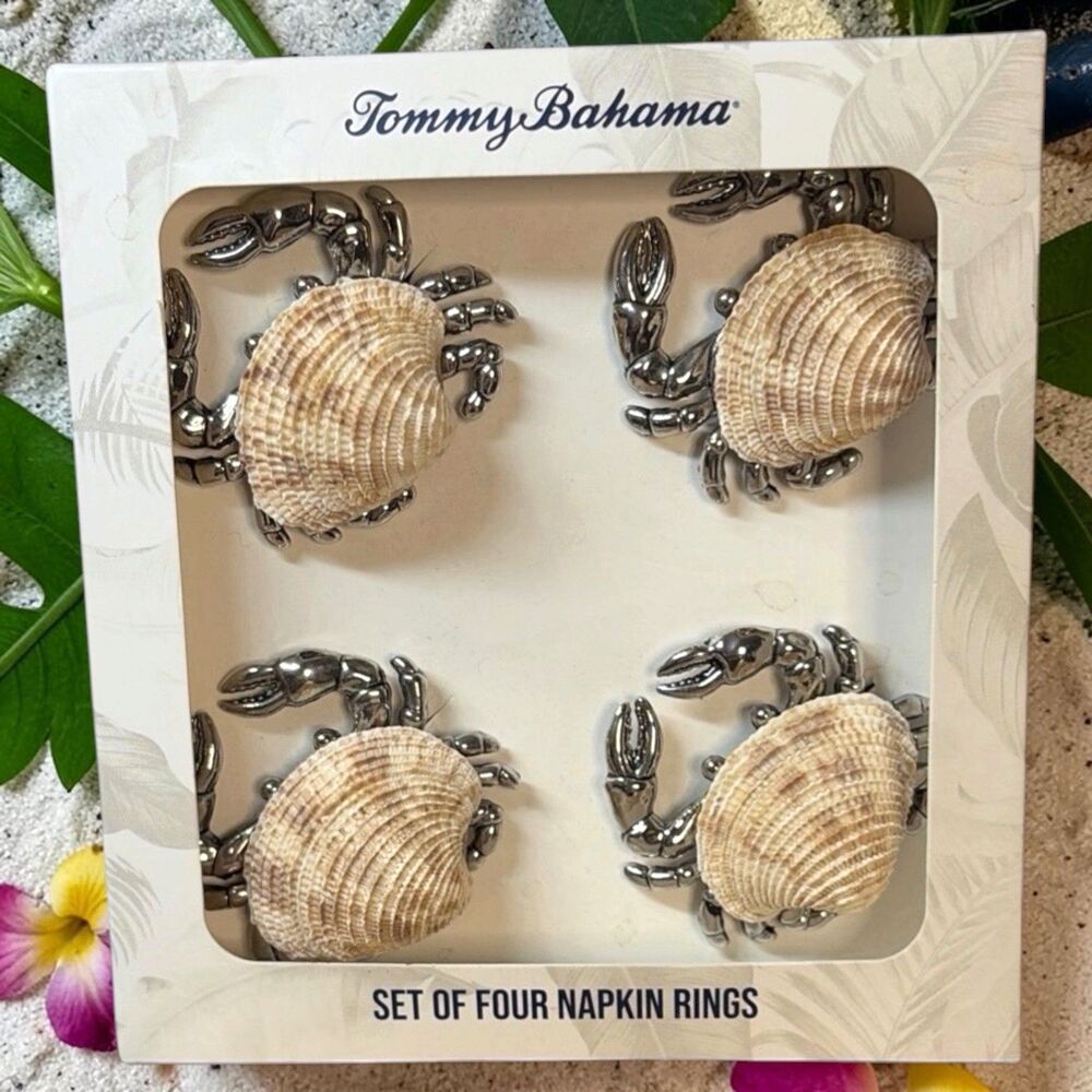 Tommy Bahama Crab with Shell Napkin Rings Sliver Set of 4 New Beach Nautical